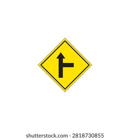 Side road right ahead warning sign isolated on white background, yellow diamond traffic symbol indicating three way intersection for road safety and driver awareness