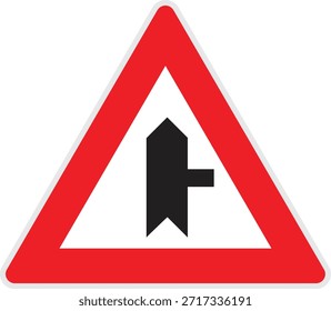 Icono de advertencia de tráfico lateral que muestra la intersección por delante, símbolo de seguridad para la guía de conducción