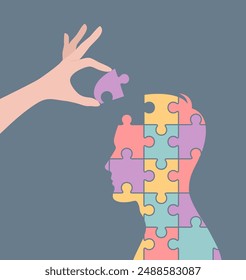 Side silhouette of a man made of multi-colored puzzles, and a hand adding a missing puzzle piece. Flat vector illustration