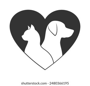 Side silhouettes of a cat and a dog inside a heart, isolated on a white background. Vector illustration