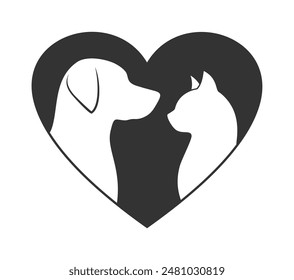 Side silhouettes of a cat and a dog inside a black heart, isolated on a white background. Vector illustration