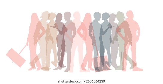 Side silhouettes of men and women. Crowd protesting against racism.