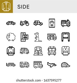 side simple icons set. Contains such icons as Long sleeve, Limousine, Sidecar, Suv, Nachos, Fire truck, Sheep, Cassette, Meerkat, School bus, can be used for web, mobile and logo