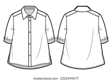 Vista frontal y posterior de la camiseta de la línea A de la corredera lateral. Ilustración de vectores de sketch plano de moda, CAD, dibujo técnico, plano plano, plantilla, mordaza.