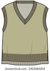 Escamilla lateral Atrás Larga V-Cuello Sleeveless Vest Moda Esbozo plano Ilustración Vector, CAD, Dibujo Técnico, Plano Plano, Plantilla, Mockup.
