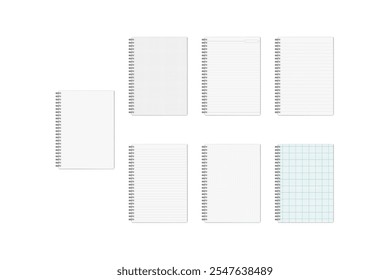 Lateral espiral branco notebook A4. Capa branca vazia e página com linhas diferentes. Conjunto de mock-up de vetor 3d realista. Bloco de notas A4 com fio. Kit de maquete. Fácil de editar. Modelo para design