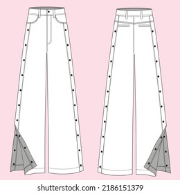 Side Split Wide Leg Loose Jeans Pants Flat Sketch Fashion Template. Technical Drawing Fashion Illustration for Girl. Vector, flat design, technical drawing font and back view.