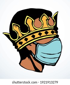 Hombre con máscara médica y corona. Dibujo de vectores