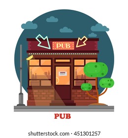 Side street view on night pub with silhouettes of aclohol beverages and lightning lantern or lamps, highlighted arrows and cloudy sky. Urban facade exterior panorama