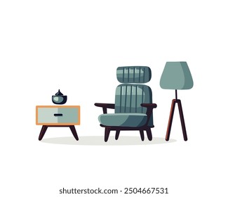 The side table, armchair and floor lamp in blue tones