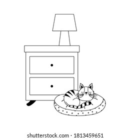 side table with lamp and cat sleeping in cushion isolated icon line style vector illustration