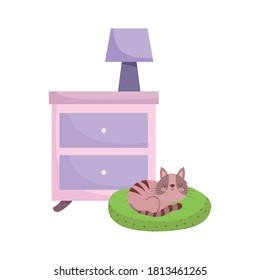 side table with lamp and cat sleeping in cushion isolated design white background vector illustration