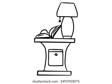 Side table with a lamp and open book interior furniture front view hand drawn outline vector illustration. Isolated on white background