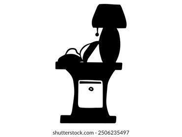 Mesa auxiliar con una lámpara y un libro abierto Ilustración vectorial de silueta de vista frontal de muebles interiores. Aislado en el fondo blanco
