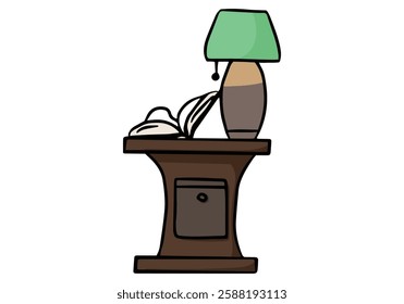 Side table with a lamp and open book interior furniture front view colored doodle vector illustration. Isolated on white background