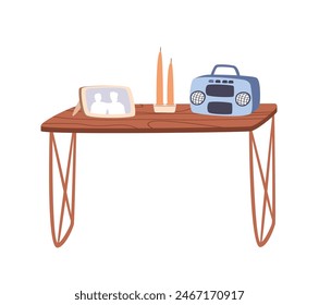 Side table with retro boombox, candles and picture frame. Furniture for living room. Furnishings of cozy home. House fitment. Interior decor. Flat isolated vector illustration on white background