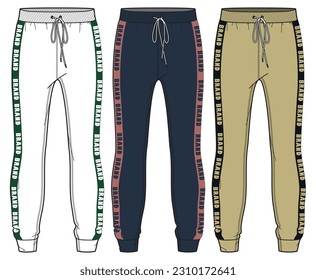 Side Tape Jogger Fashion Illustration, Vector, CAD, Technical Drawing, Flat Drawing, Template, Mockup.
