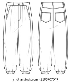 Side Tape Woven Jogger, Chino Jogger Front and Back View. Fashion Illustration, Vector, CAD, Technical Drawing, Flat Drawing, Template, Mockup.