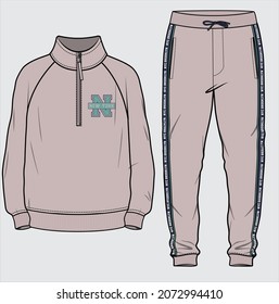 SIDE TEXT TAPING DETAIL JOGGER PAIRED WITH TURTLE NECK  SWEAT SHIRT COORDINATE SET DESIGNED FOR MEN YOUNG MEN AND TEEN BOYS IN VECTOR ILLUSTRATION