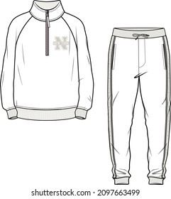 SIDE TEXT TAPING DETAIL JOGGER PAIRED WITH TURTLE NECK  SWEAT SHIRT COORDINATE SET DESIGNED FOR MEN YOUNG MEN AND TEEN BOYS IN VECTOR ILLUSTRATION