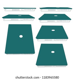 Side to top Detailed artwork of few Different angles of a laptop closed perspective views rotation orientation turn agp graphics hdmi usb ports visible