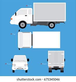 Side, top, front, back views of white transport truck. Isolated in blue.