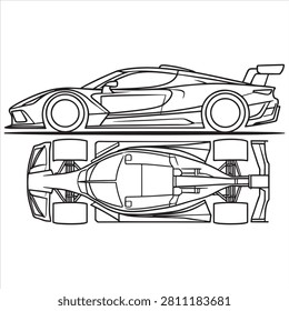 Side and top view line drawing of a high-performance race car chassis