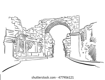 Side Turkey, Ancient Vespasian Gate, Famous Destination Landmark, Hand drawn Vector Artwork