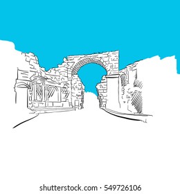 Side, Turkey, Old Town Gate, Blue Series, Hand-drawn Vector Artwork