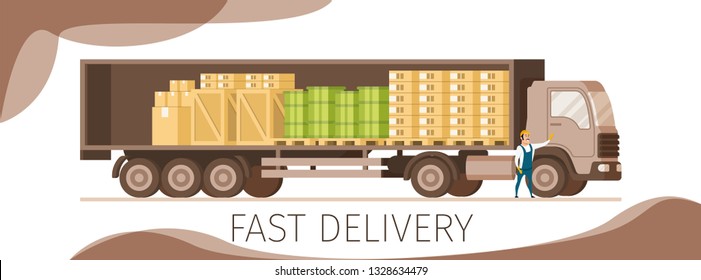 Side Veiw of Open Express Fast Delivery Truck Banner. Shipping Van Full of Cardboard Box, Wooden Pallet, Barrel and Tank. Worker in Uniform Standing Infront. Flat Cartoon Vector Illustration