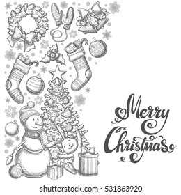 Side vertical border with Christmas icons. Monochrome sketch style Christmas illustration for decoration. Vector.