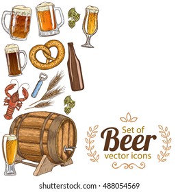 Side vertical border with colorful beer icons. Sketch style colorful illustration of beer for vintage decorations of pub or bar menu. Vector.