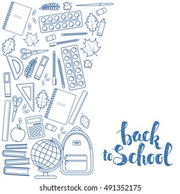 Side vertical border with education icons. Template for packaging, cards, posters, menu. Vector illustration.