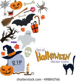Side vertical border with Halloween icons. Template for packaging, cards, posters, menu. Vector stock illustration.