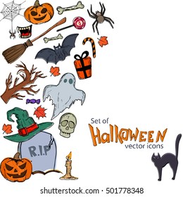 Side vertical border with Halloween icons. Template for packaging, cards, posters, menu. Vector stock illustration.