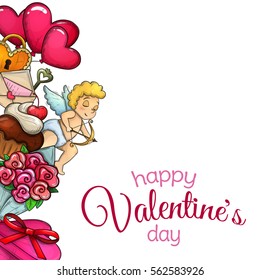 Side vertical border with Valentine's Day icons. Colorful sketch style illustration for Valentine's Day greeting card and decoration. Vector.