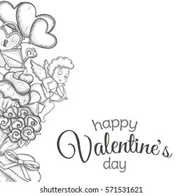 Side vertical border with Valentine's Day icons. Monochrome sketch style illustration for Valentine's Day greeting card and decoration. Vector.