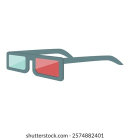 Side view of 3d glasses with one red lens and one cyan lens, creating the illusion of depth