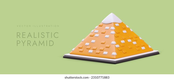 Side view of 3d realistic pyramid in yellow color. Poster for travel in Egypt company. Web page with green background and place for text. Colorful vector illustration