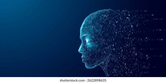 Side view. An abstract digital human consists of wireframes, lines, and connected dots on a technological blue background. AI humanoid face flows into binary code. Futuristic robot. Tech vector bg.