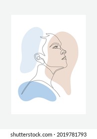 Side view of a abstract portrait young woman. Vector illustration.Vector continuous one line with color shapes. Minimalism style. Design concept for logo, card, banner, poster, flyer.