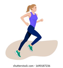 Side view of active sporty young running woman. Vector illustration isolated on white background. Design for motivational poster, article about fitness.