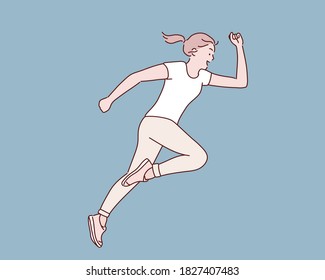 Side view of active sporty young running woman runner athlete.   Hand drawn style vector design illustrations.