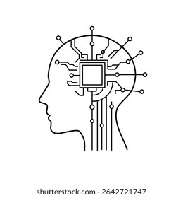 Side view of AI-integrated human head with circuit links from central chip, minimal illustration showing technology merge.