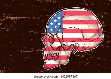 Side view America Flag on Skull with grunge background