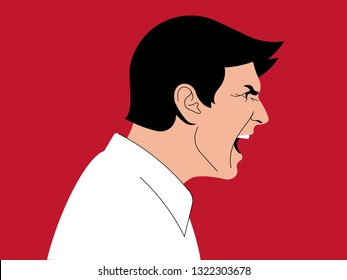 Side view of an angry man shouting. Isolated vector illustration on red background.