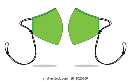 Side View Anti-Dust Green Face Mask With Black Rope Elastic Cord And Stopper Vector.