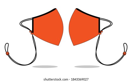 Side View Anti-Dust Orange Face Mask With Black Rope Elastic Cord And Stopper Vector.