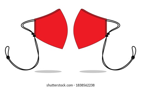Side View Anti-Dust Red Face Mask With Black Rope Elastic Cord And Stopper Vector.