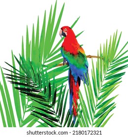 Side View Of Ara King Parrot In Palm Tree On White Background. Cartoon. Watercolor Style. Realistic Vector Illustration. Clipart